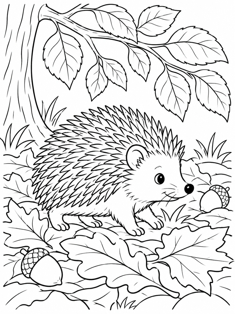 A hedgehog walking among large fallen leaves beneath a leafy branch, with acorns nearby.