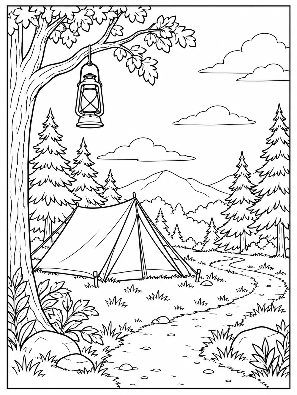 Line art of a tent in a forest clearing with pine trees, a curving path, and a lantern hanging from a branch.