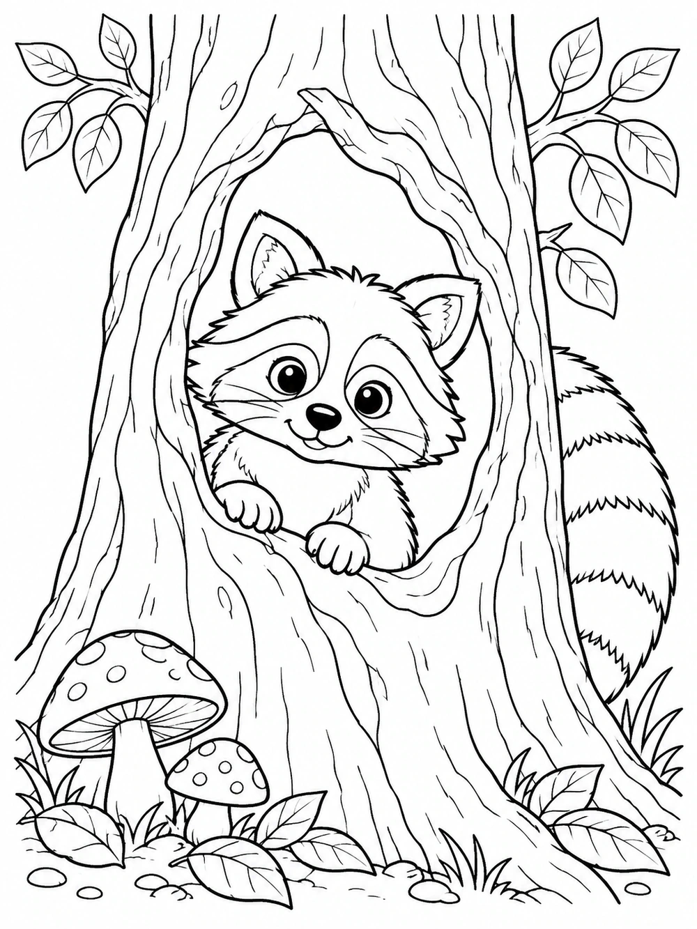 Black-and-white coloring page of a raccoon peeking from a hollow tree, with its striped tail, two mushrooms, and leaves.