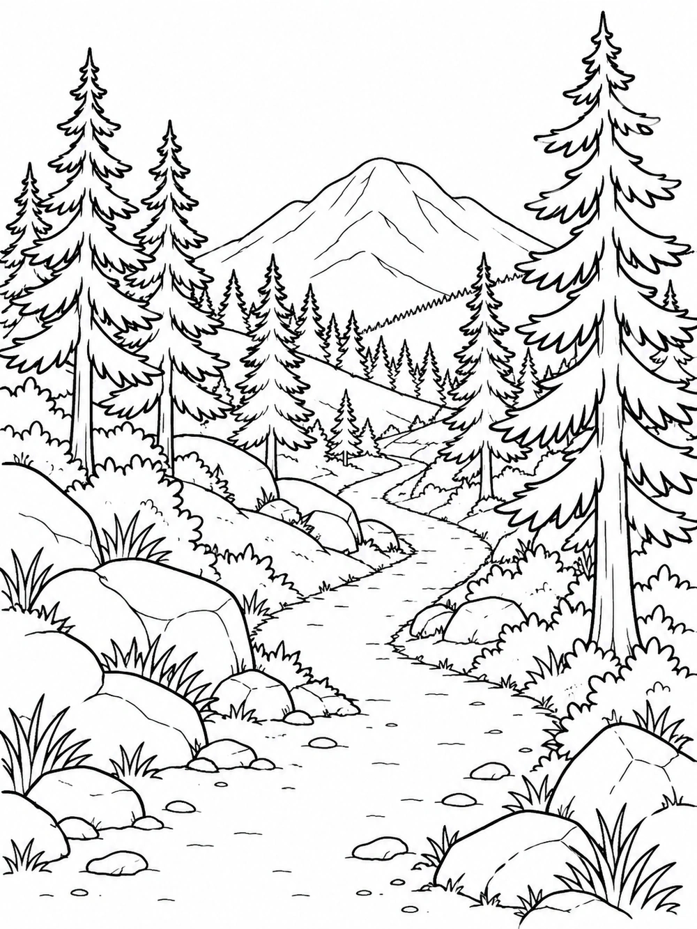 Broad winding trail through pine trees and rocks leading toward a rounded mountain peak.
