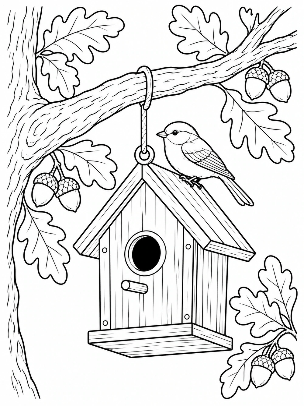 A small bird perches on the roof of a wooden birdhouse hanging from an oak branch with leaves and acorns.