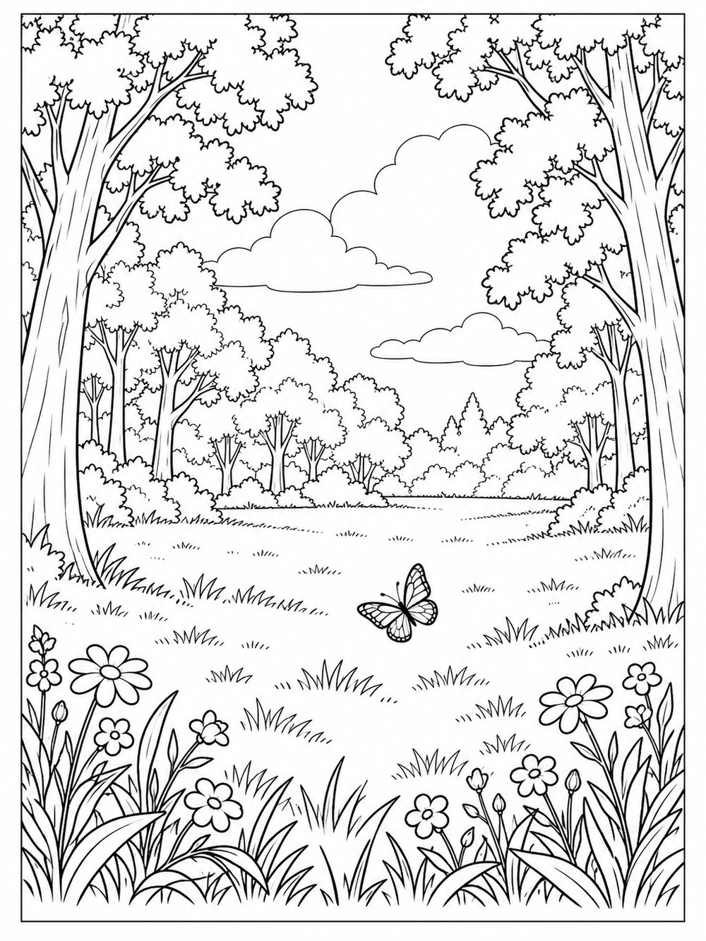 Open forest clearing surrounded by tall deciduous trees, wildflowers, and a butterfly.