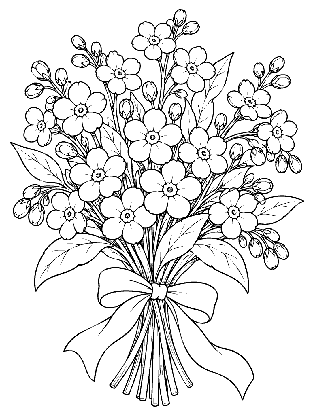 Forget me not coloring page showing a full hand-tied bouquet with leafy stems and a ribbon bow.
