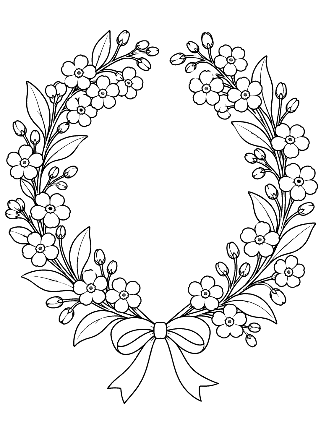 Black and white forget me not wreath coloring page with a clear center and bow at the bottom