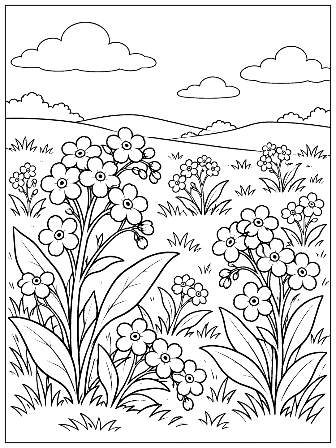 Black and white forget me not coloring page with flower clusters, grass tufts, rolling hills, and clouds.