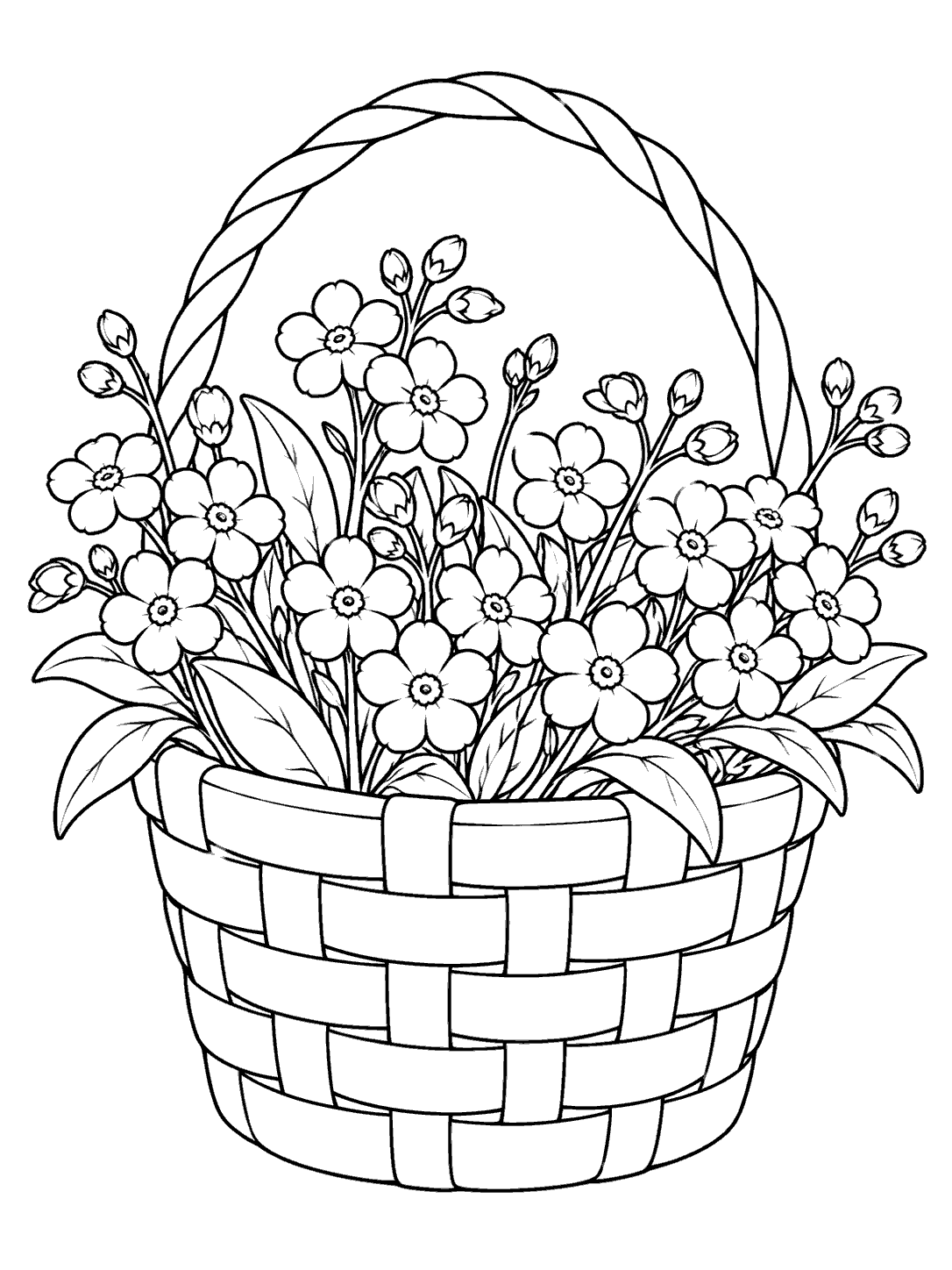 Black and white coloring page showing forget me not flowers arranged in a woven basket with a large handle.