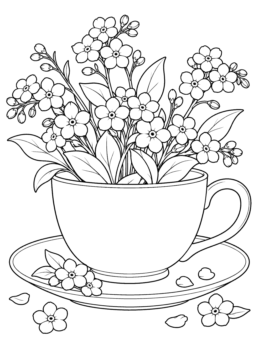 Black-and-white coloring page showing a teacup bouquet of forget-me-nots on a saucer with scattered petals.