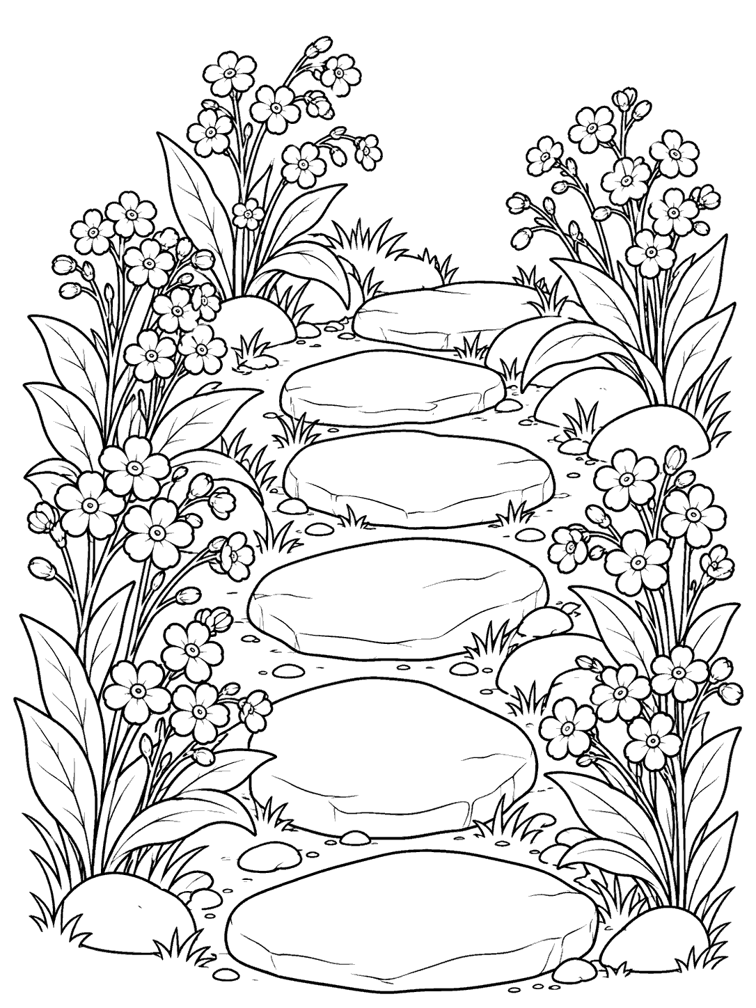 Black-and-white coloring page showing large winding stepping stones bordered by forget me not flower clumps.