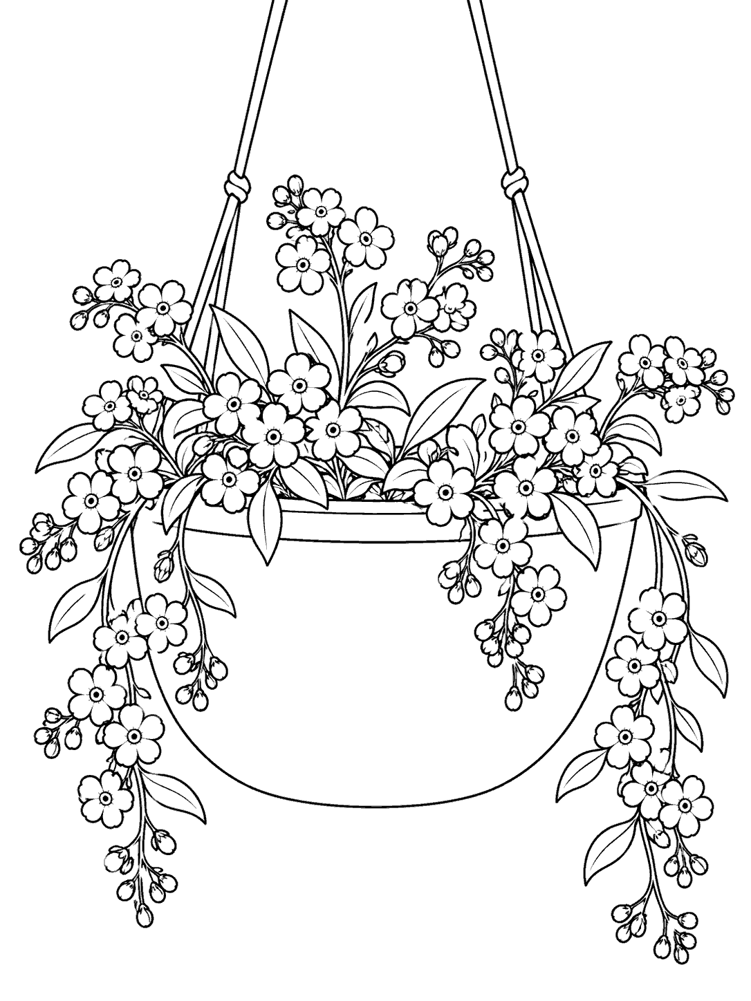 Black outline coloring page of a hanging planter filled with forget me not flowers and trailing stems.