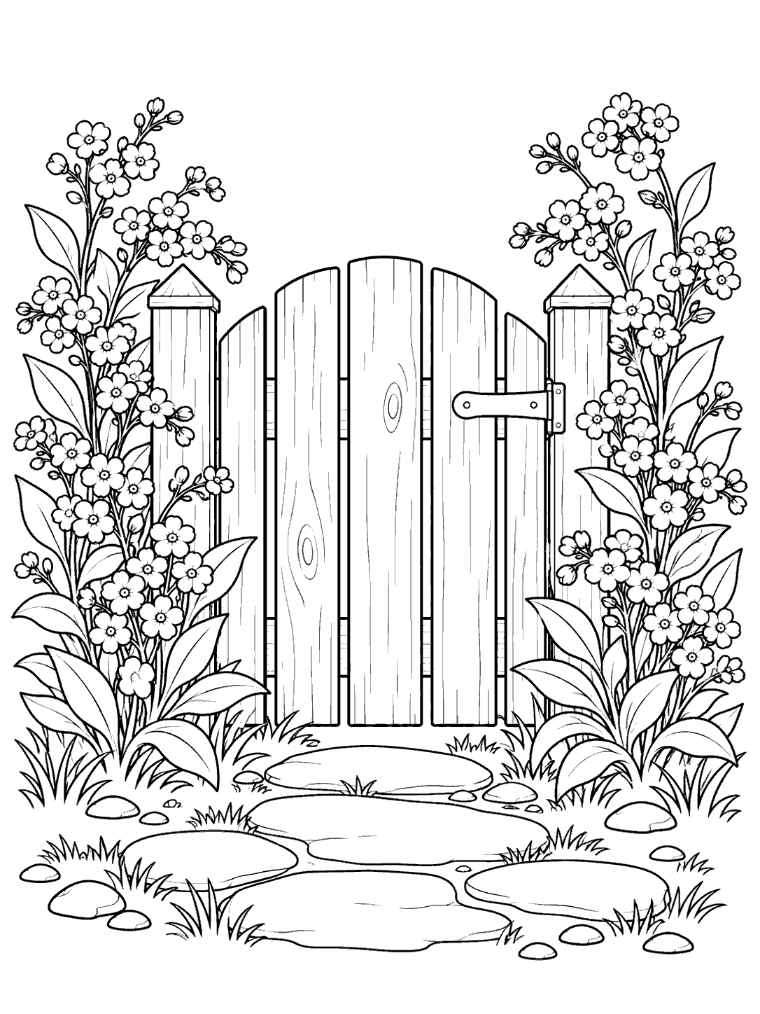Printable black and white coloring page of a wooden garden gate framed by forget me not plants.