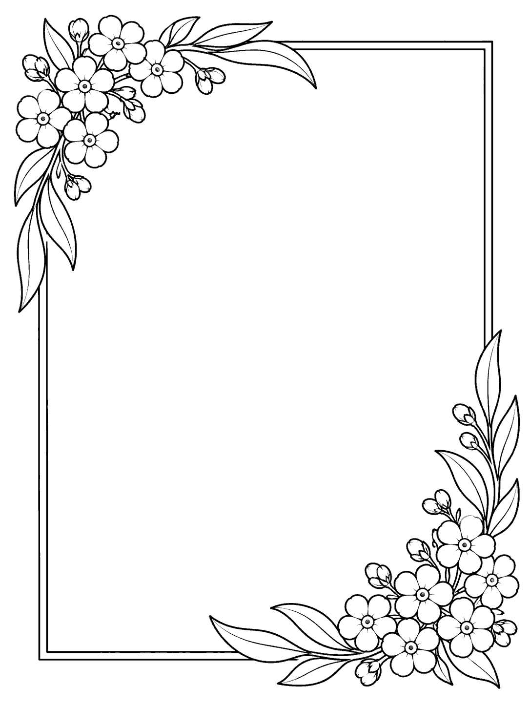 Black outline coloring page of a blank rectangular frame with forget me not flowers and leaves in the upper-left and lower-right corners.