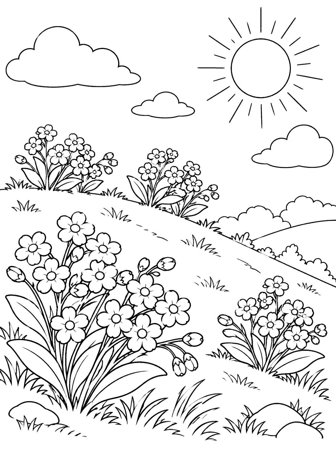 Forget me not flower patches growing across a rounded hill beneath an outlined sun, in a black and white coloring page.