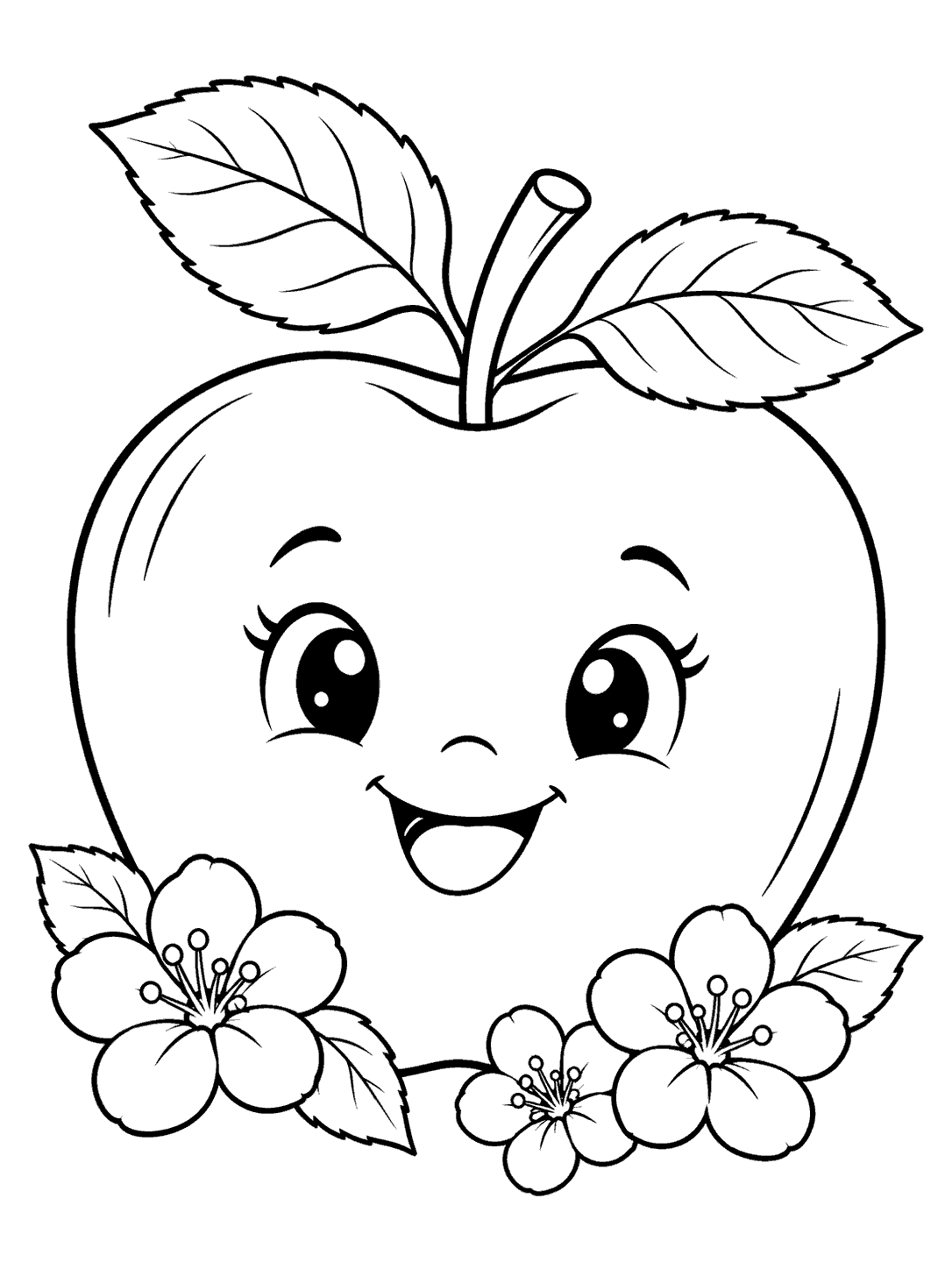 A smiling apple with a short stem and two large leaves, surrounded by three blossoms, drawn in black outlines on white.