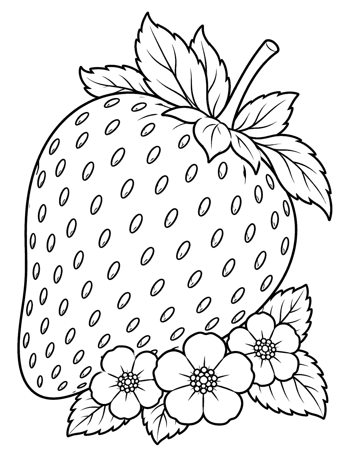 Oversized strawberry with outlined seeds, a leafy crown, and three small flowers at its base.