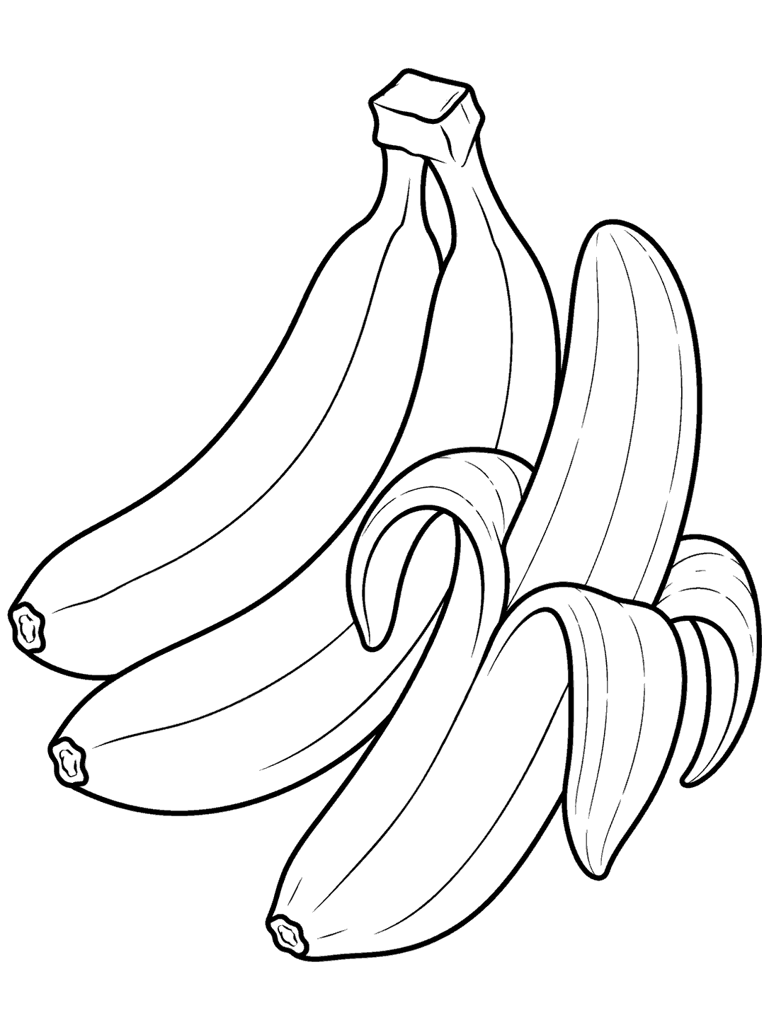 Black outline coloring page of three curved bananas, with one banana partly peeled and its peel curling into sections.