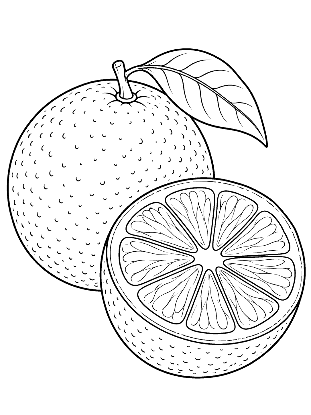 A whole orange with a leaf behind a forward-facing half showing separated citrus segments.