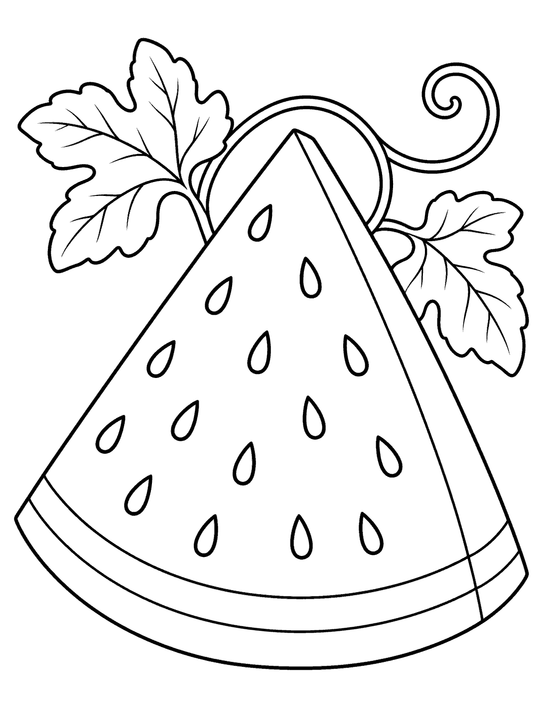 Large triangular watermelon wedge with scattered seeds, a curved rind, curling vine, and leaves.