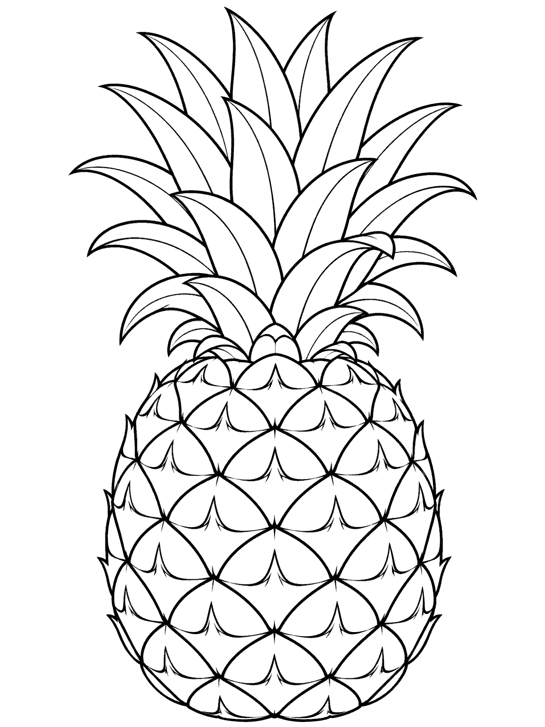 Centered upright pineapple with tall layered leaves and a diamond-patterned rind, drawn in black outlines on white.