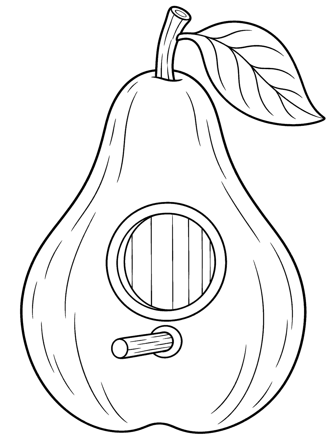Black-and-white pear-shaped birdhouse with a large veined leaf, round entrance, and perch.