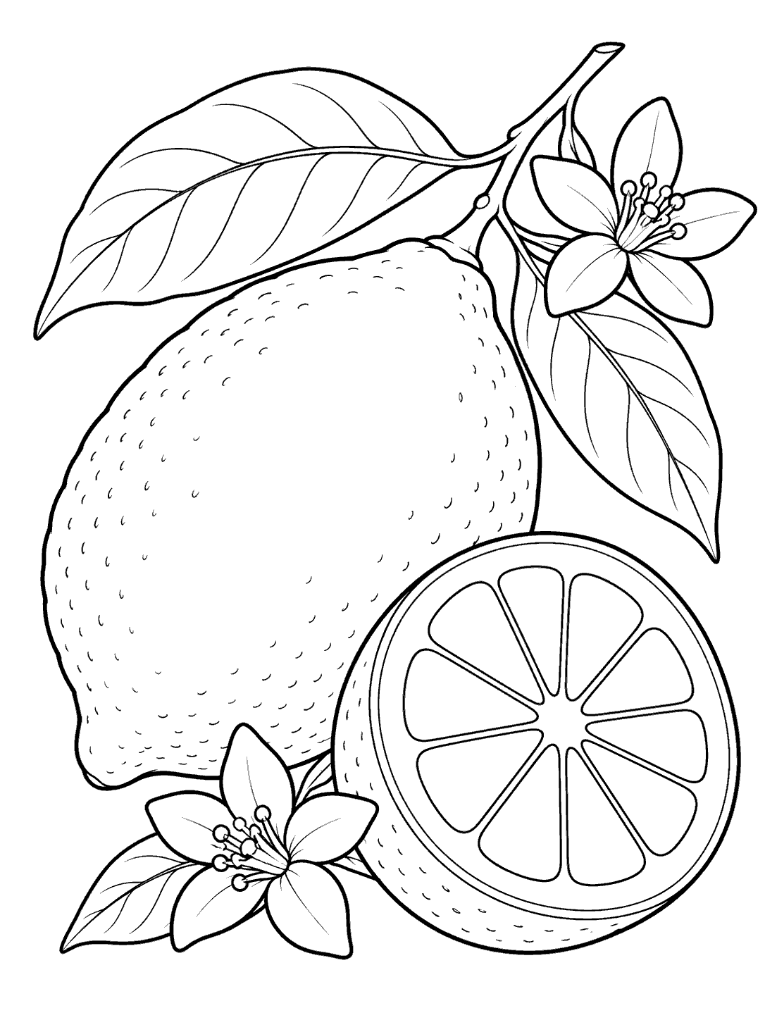 Black-and-white coloring page showing a whole lemon, a lemon cross-section with separate wedges, leafy twigs, and two blossoms.