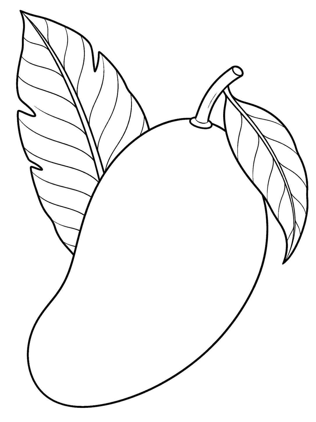 Large tilted mango with a curved stem and two tropical leaves