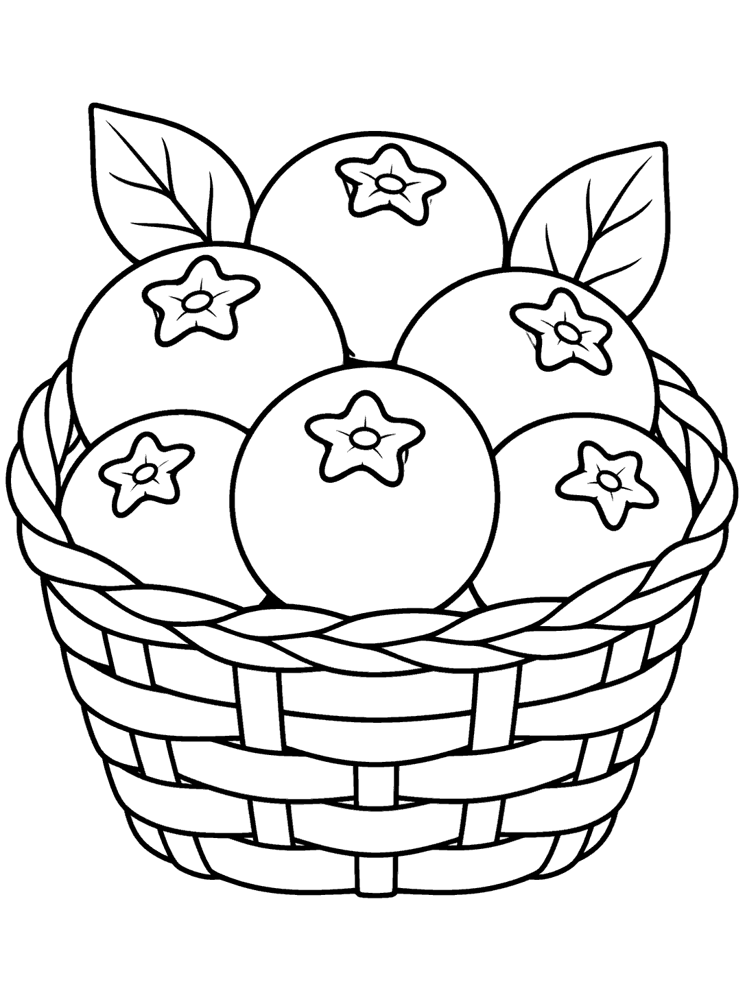 Six star-topped blueberries and two leaves in a woven basket