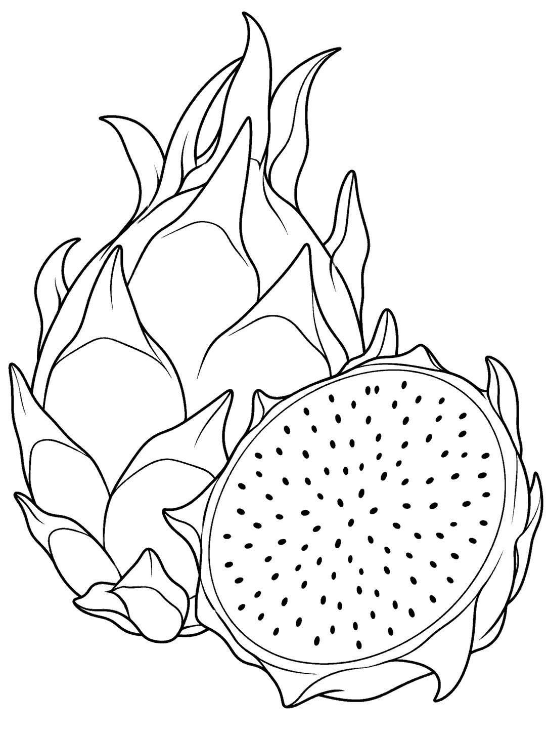 A whole dragon fruit with leafy scales beside a cut half with a seed-dotted center.