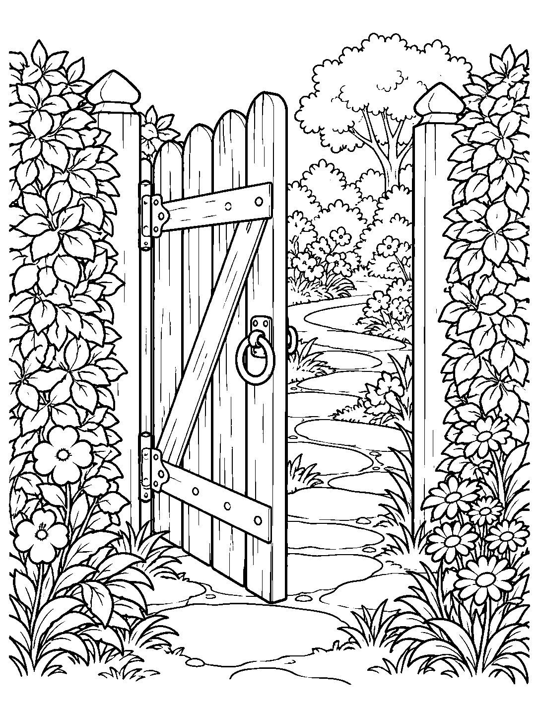 Black-and-white garden coloring page featuring an open wooden gate between leafy hedges and a winding path beyond.