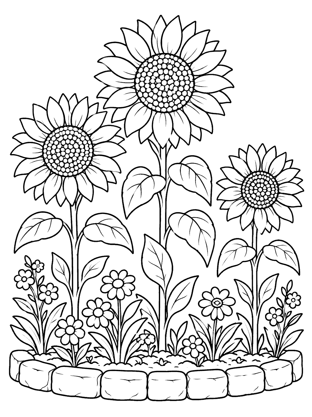 Printable black-and-white coloring page with three tall sunflowers at varied heights, small flowers and leaves, and a low stone border around the garden bed.