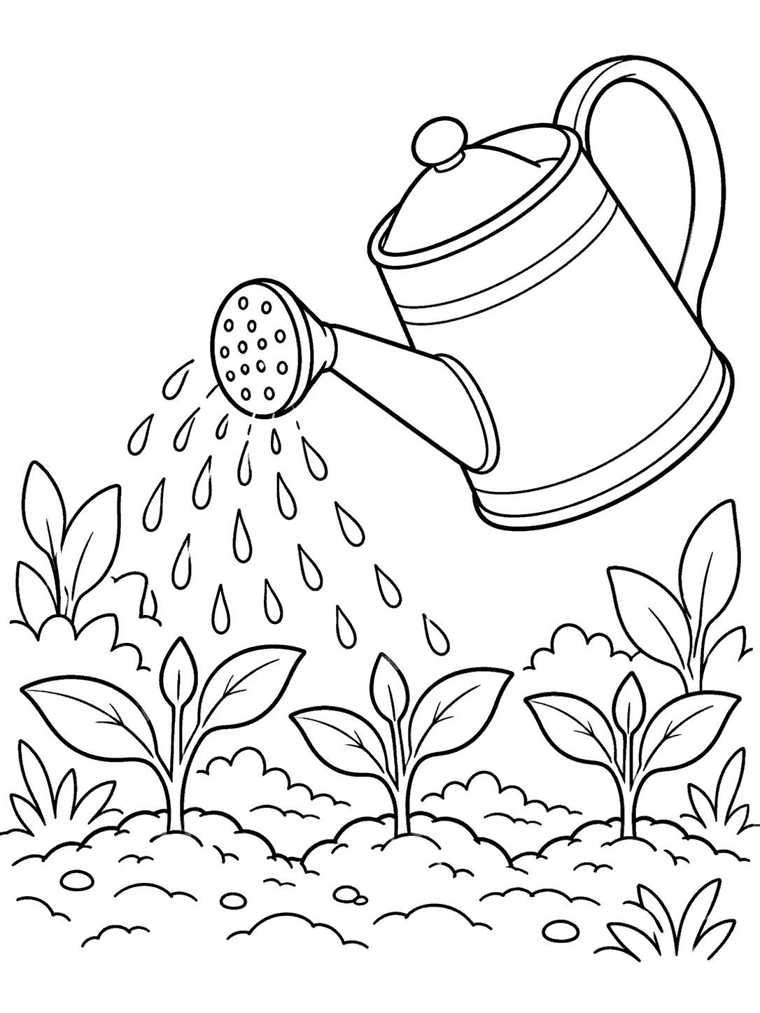 Black outline coloring page of a tilted watering can sprinkling three garden seedlings, with leaves and soil mounds.