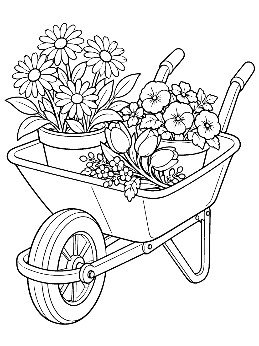 Garden wheelbarrow coloring page with two flower pots and a bouquet of blooms
