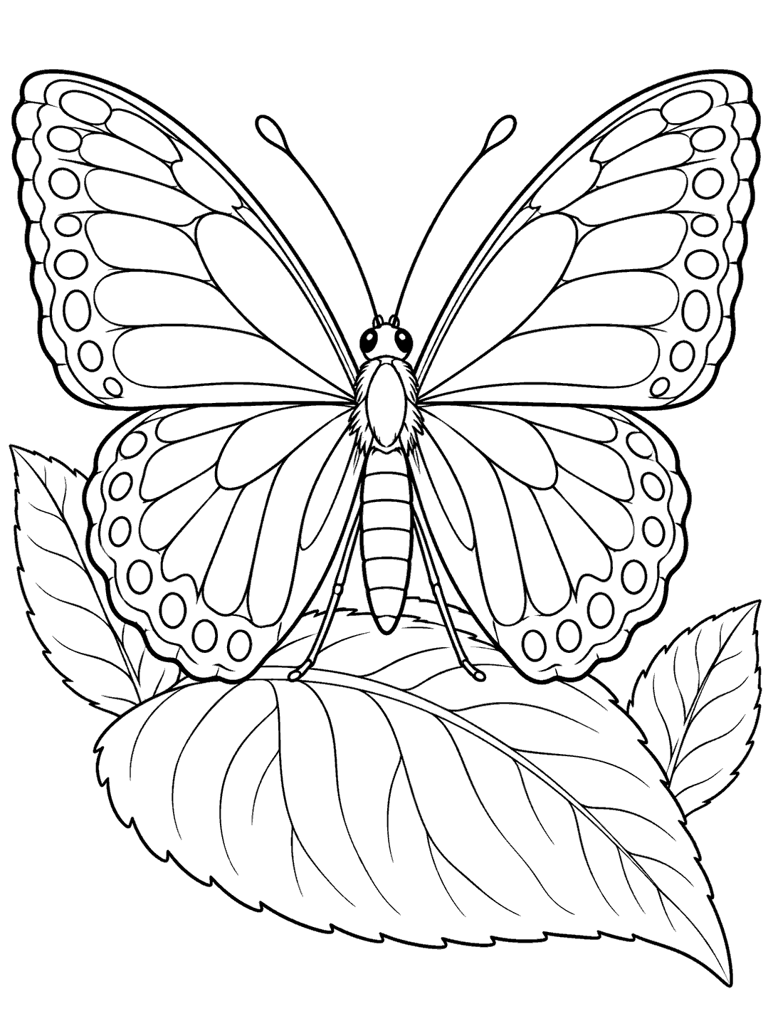 Symmetrical butterfly with spacious wing patterns perched on a broad garden leaf, with two smaller leaves framing it.