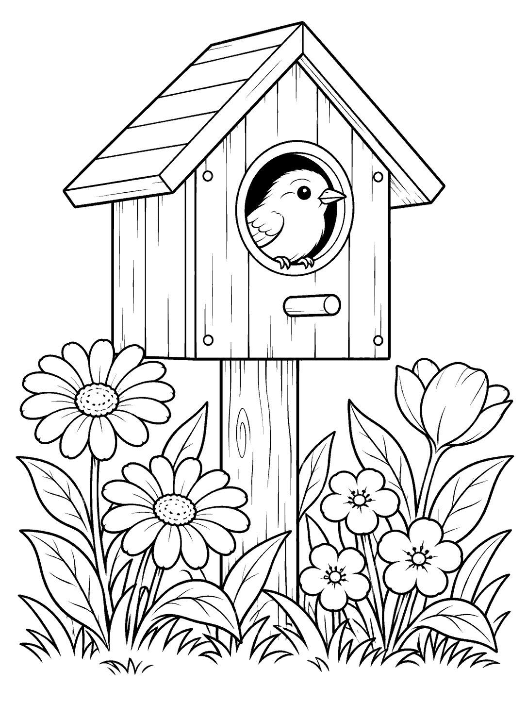 Black-and-white garden birdhouse coloring page with a bird peeking from the round entrance and flowers growing around the post.