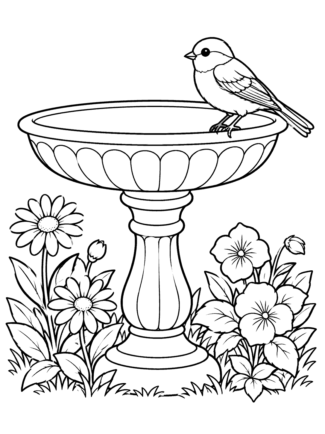 Black-and-white coloring page of a bird perched on a flower-ringed pedestal birdbath.