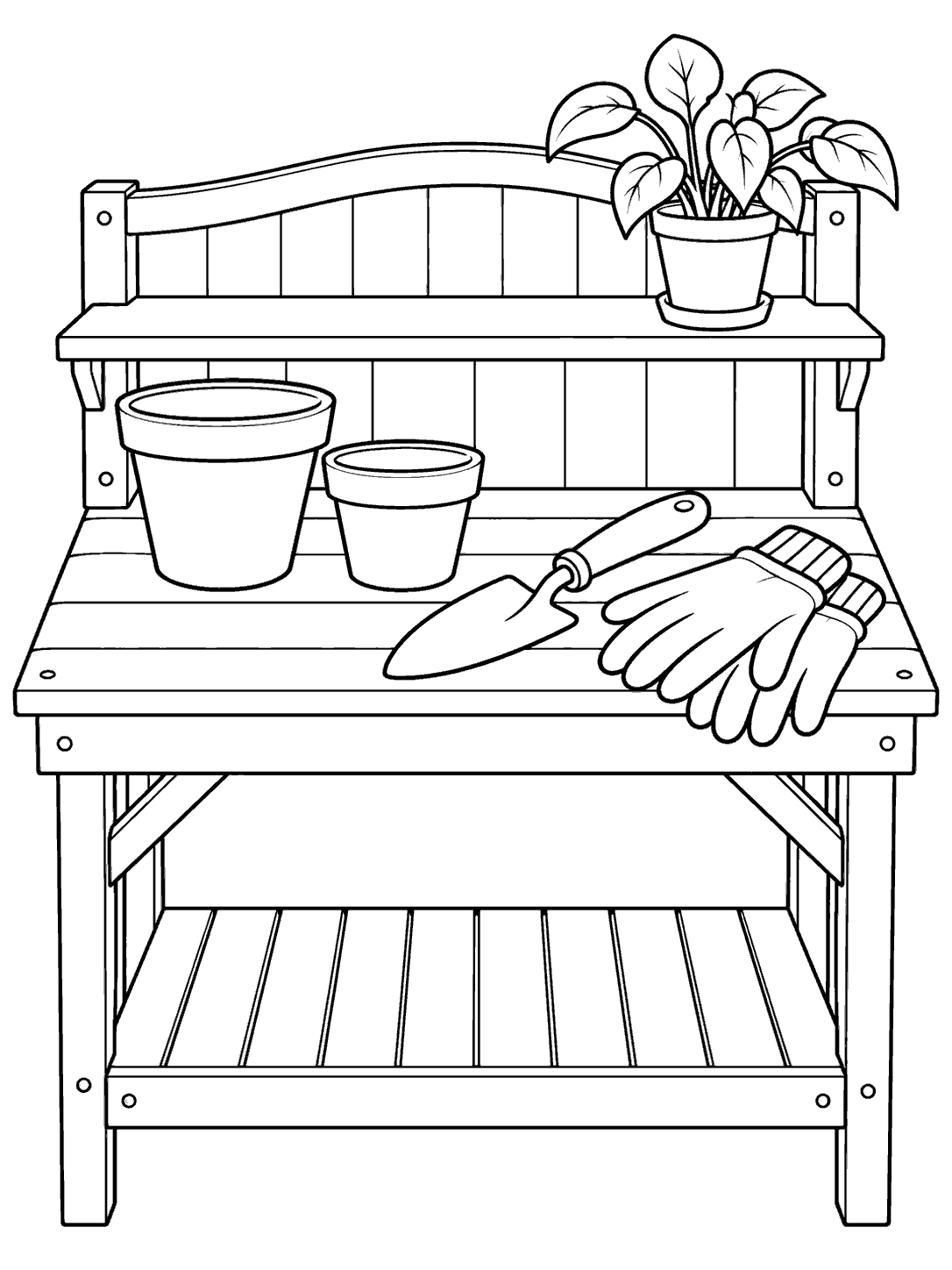 Portrait black-outline coloring page of a garden potting bench with two empty pots, a hand trowel, gardening gloves, a shelf, and a small potted plant.