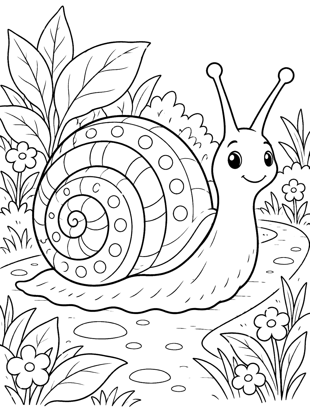 A friendly snail with a spacious patterned spiral shell crossing a garden path among flowers and leaves.
