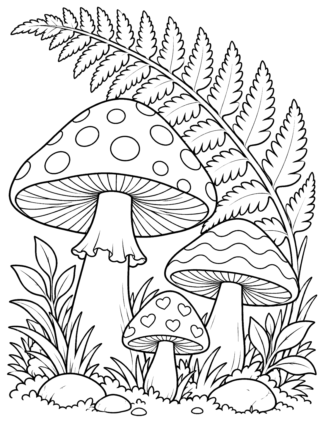 Black-and-white coloring page with three differently sized patterned mushrooms beneath a large fern, surrounded by grass and small stones.