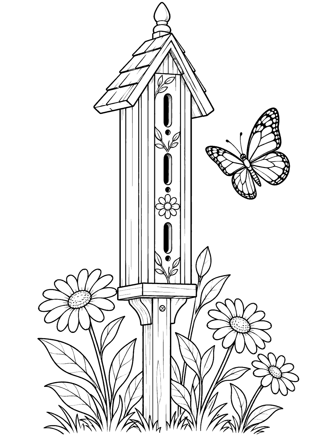 Black-and-white coloring page of a slender butterfly house on a post, surrounded by daisies and leaves, with a butterfly beside it.