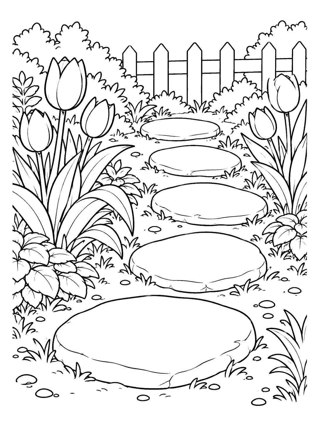 A bold black-line garden coloring page with a curved path of five large stepping stones, tulips, leafy plants, and a picket fence.