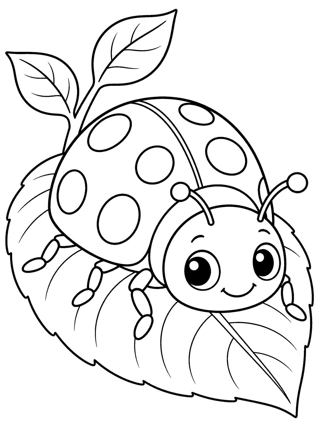 Black-and-white coloring page showing a friendly, spotted ladybug with a center seam on its wing covers, resting on a large veined leaf with two small leaves on a stem.