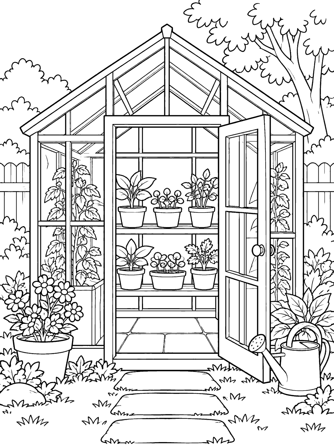 Black-outline coloring page of a backyard greenhouse with an open doorway, two shelves of potted seedlings, flowers, a watering can, and a stepping-stone path.