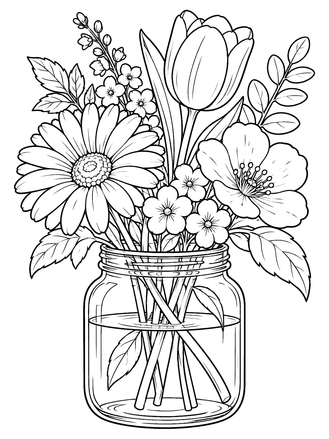 Black-and-white coloring page of a daisy, tulip, and other garden flowers arranged in a glass jar.