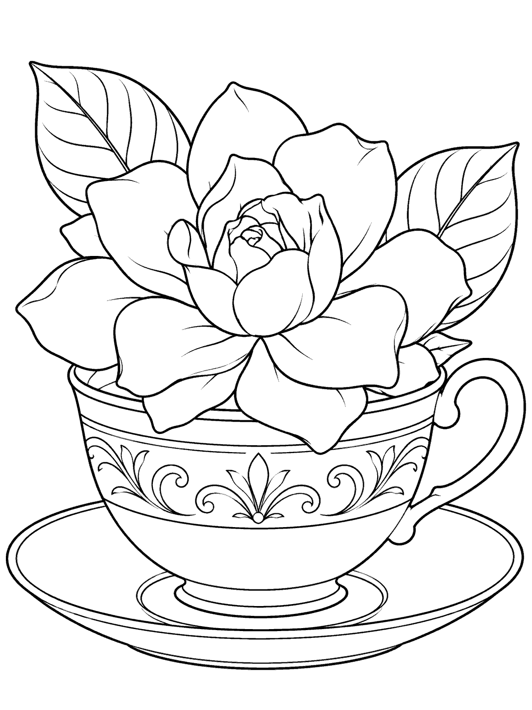 Black outline coloring page of a large gardenia with two leaves arranged in a decorative teacup and saucer.