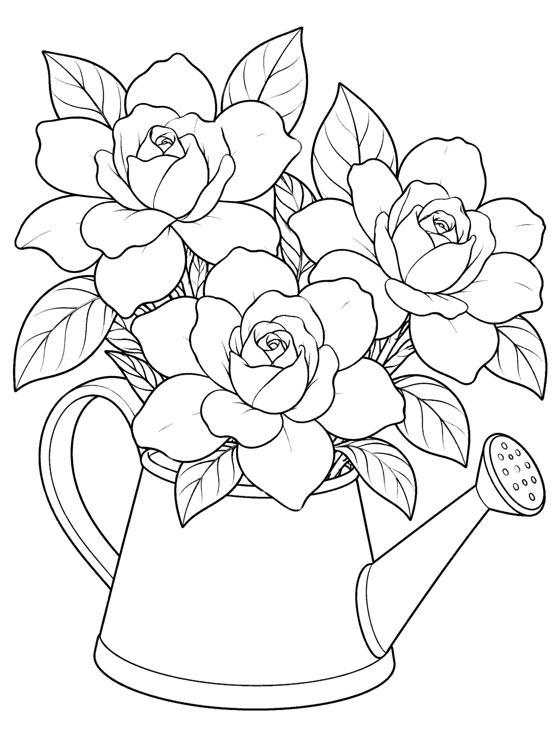 Black outline coloring page of three gardenia flowers and broad leaves growing from a watering can