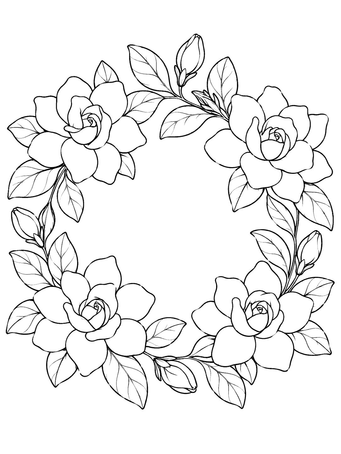 Portrait coloring page showing a circular wreath of four gardenia flowers, buds, and oval leaves with an open center.