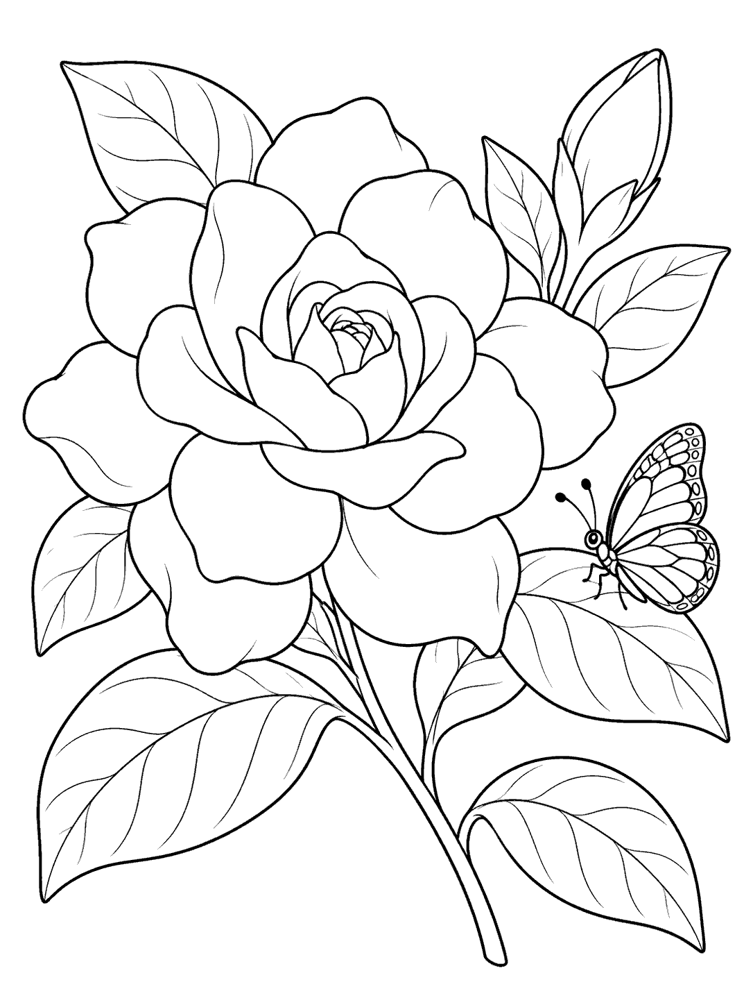 A large layered gardenia bloom with veined leaves and a butterfly perched nearby, drawn as a black-and-white coloring page.