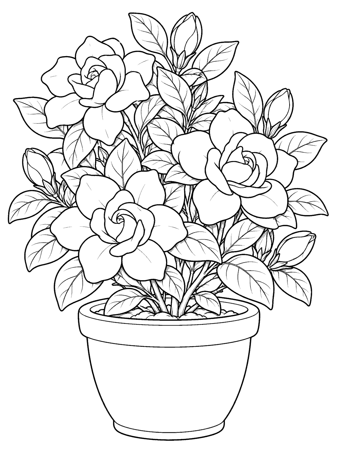 Black-and-white coloring page of a flowering gardenia shrub in a ceramic pot