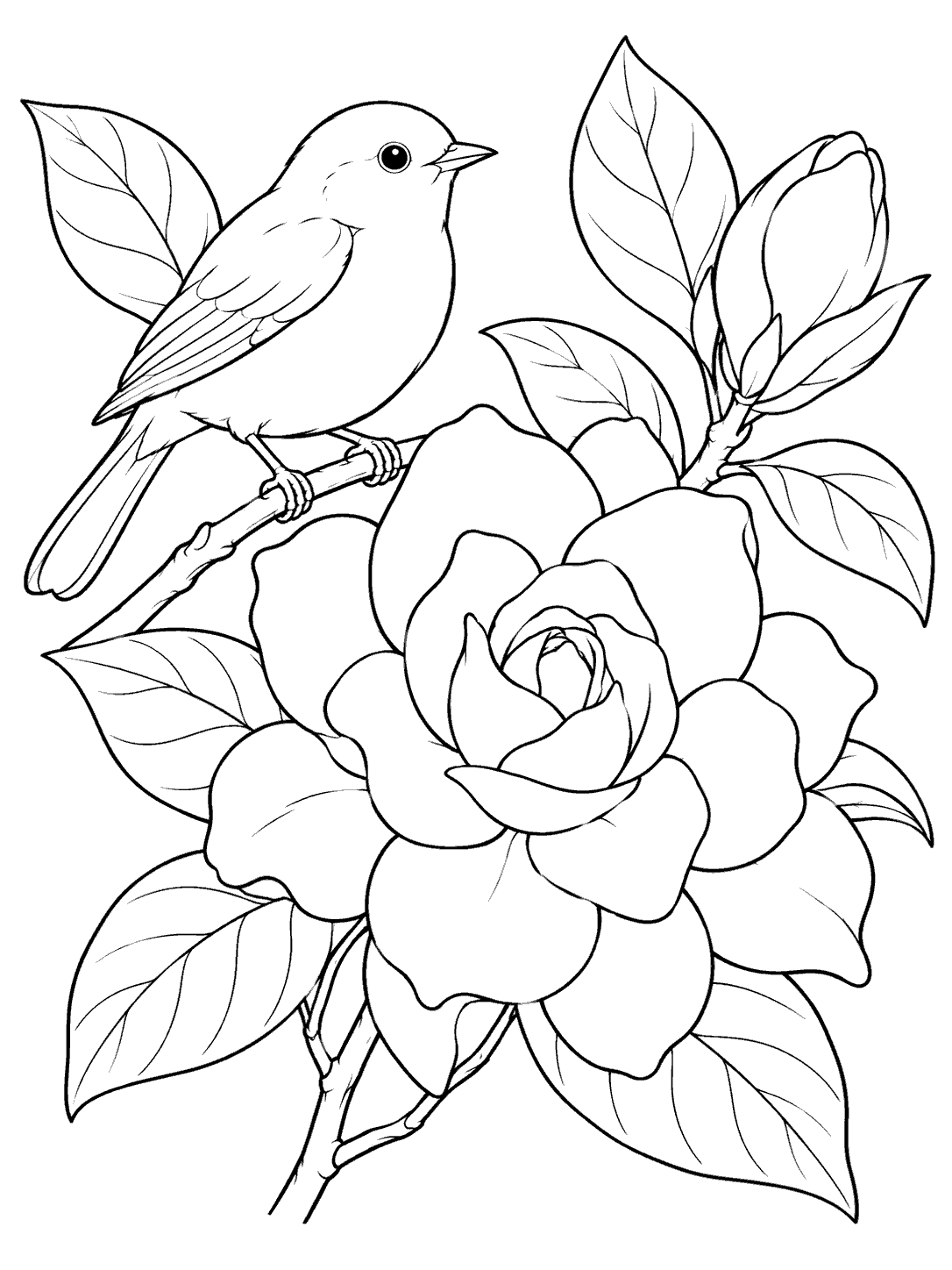Black-and-white coloring page of a songbird perched by a large gardenia flower, a bud, and leaves.