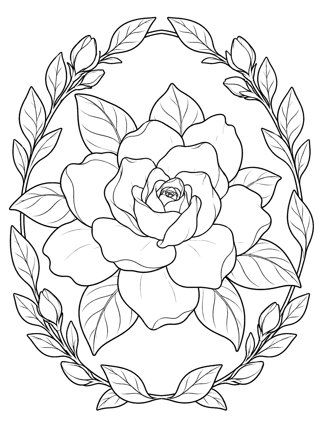 Large layered gardenia bloom inside a leafy oval frame coloring page