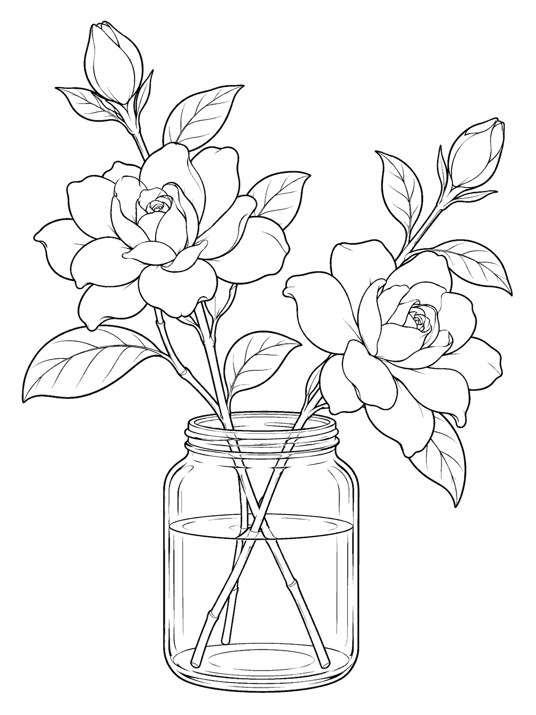 Black-and-white gardenia coloring page with two open flowers, two buds, oval leaves, and crossing stems in a glass jar.